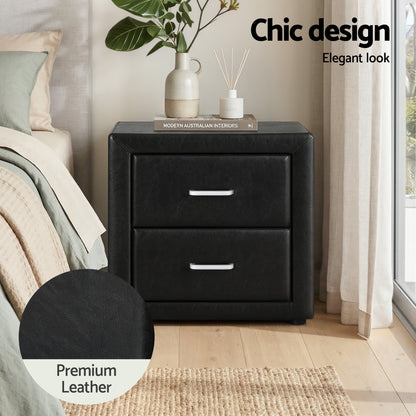 Artiss Gas Lift Queen Bed Frame and 2 Bedside Table Set Leather Black-Furniture > Bedroom > Beds &amp; Bed Frames-PEROZ Accessories