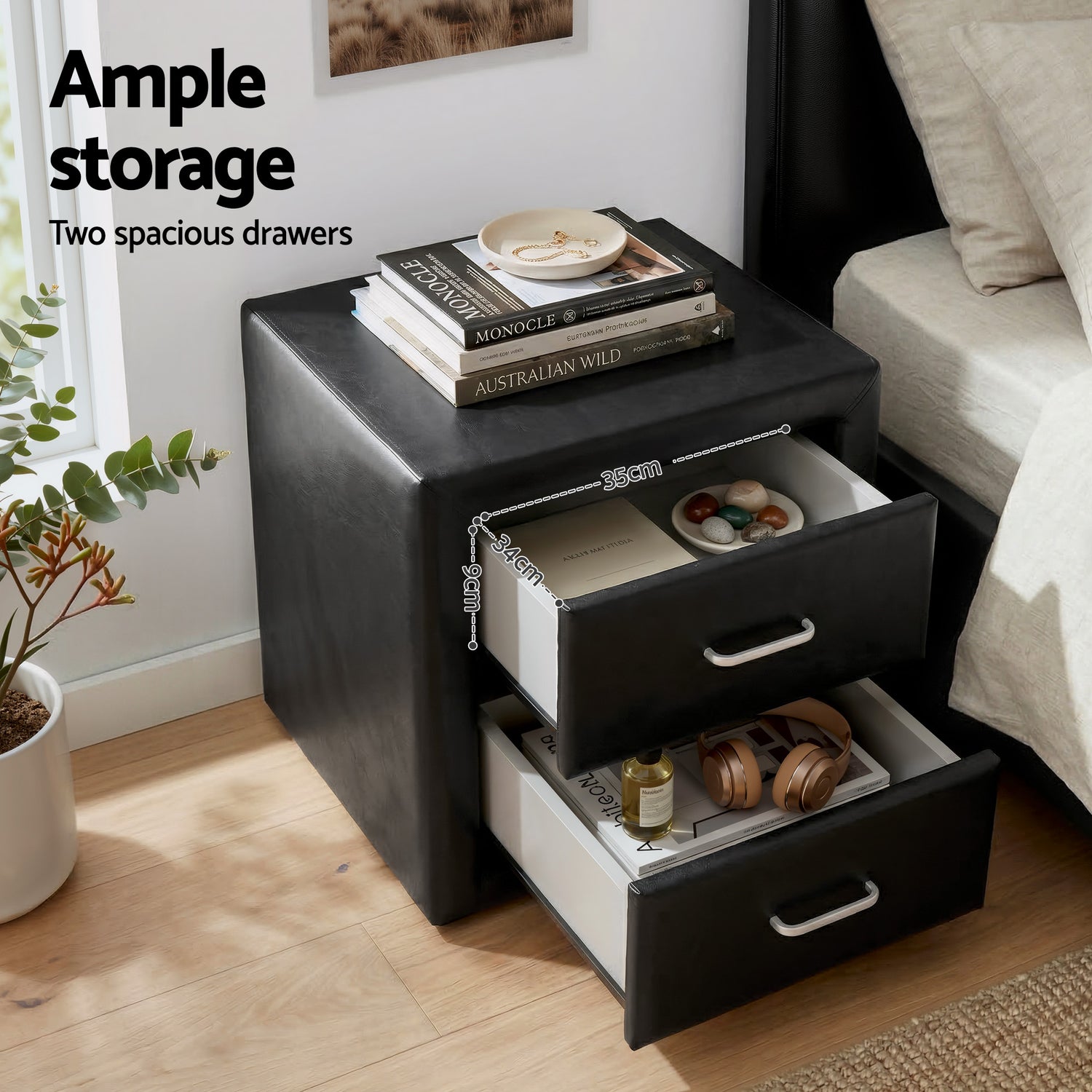 Artiss Gas Lift Queen Bed Frame and 2 Bedside Table Set Leather Black-Furniture > Bedroom > Beds &amp; Bed Frames-PEROZ Accessories