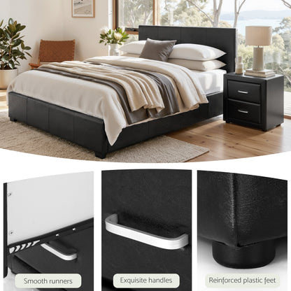 Artiss Gas Lift Queen Bed Frame and 2 Bedside Table Set Leather Black-Furniture > Bedroom > Beds &amp; Bed Frames-PEROZ Accessories