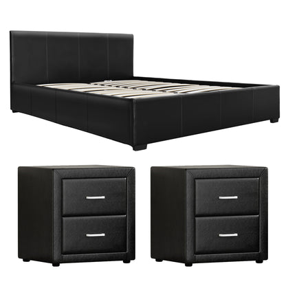 Artiss Gas Lift Queen Bed Frame and 2 Bedside Table Set Leather Black-Furniture > Bedroom > Beds &amp; Bed Frames-PEROZ Accessories