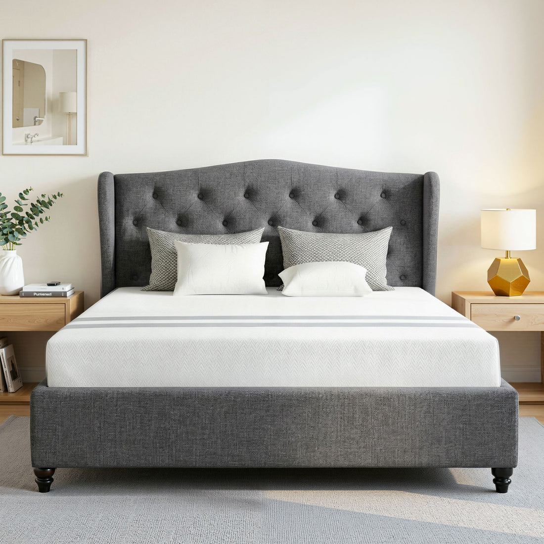 Artiss and BedStory Double Bed Frame and Mattress Set Memory Foam Cooling Gel Medium Soft Tufted Wing Headboard Grey-Furniture > Bedroom > Beds &amp; Bed Frames-PEROZ Accessories
