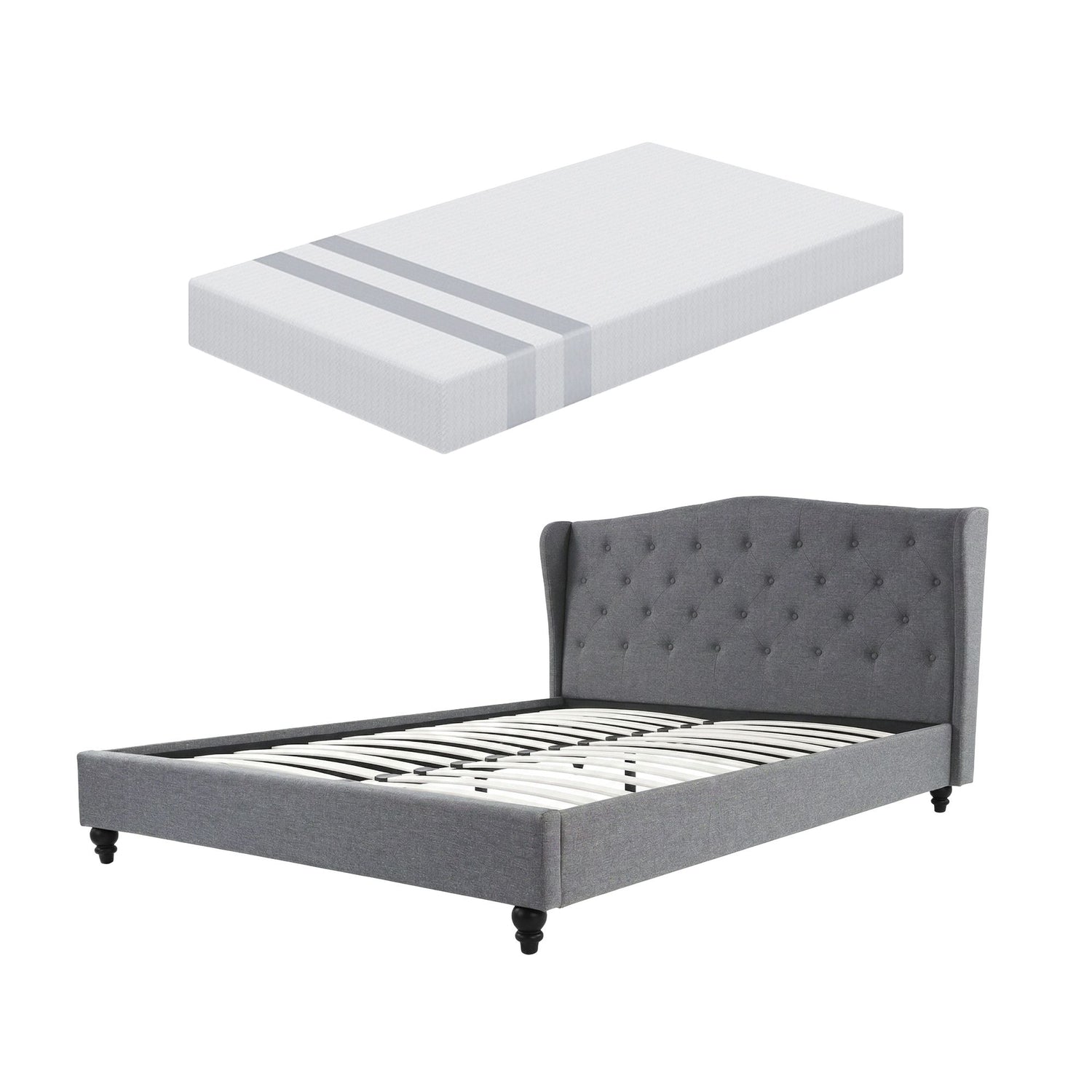 Artiss and BedStory Double Bed Frame and Mattress Set Memory Foam Cooling Gel Medium Soft Tufted Wing Headboard Grey