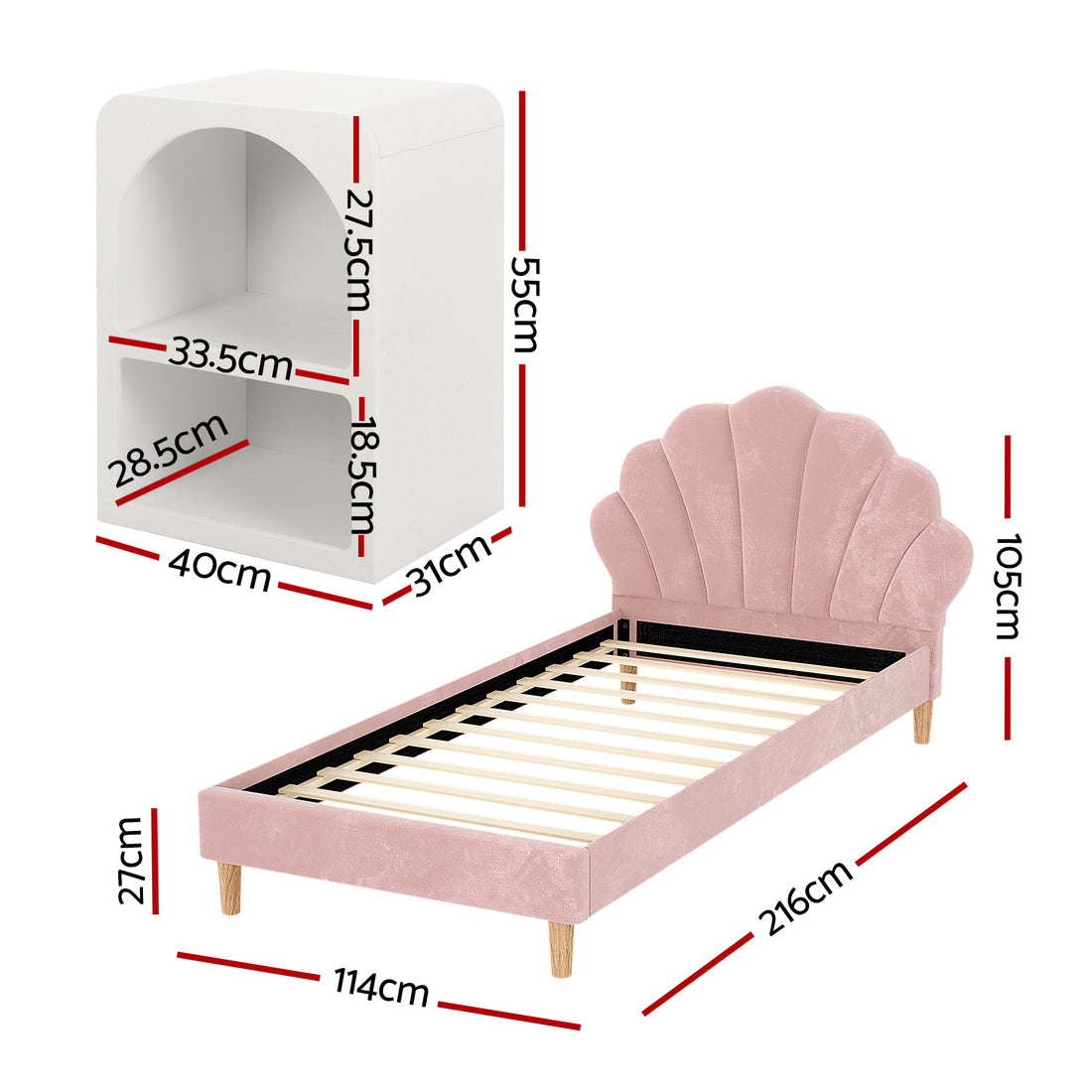 Artiss Bed Frame King Single with Bedside Table Set Scallop Headboard Pink Velvet Fabric Beds Base-Furniture > Bedroom > Beds &amp; Bed Frames-PEROZ Accessories