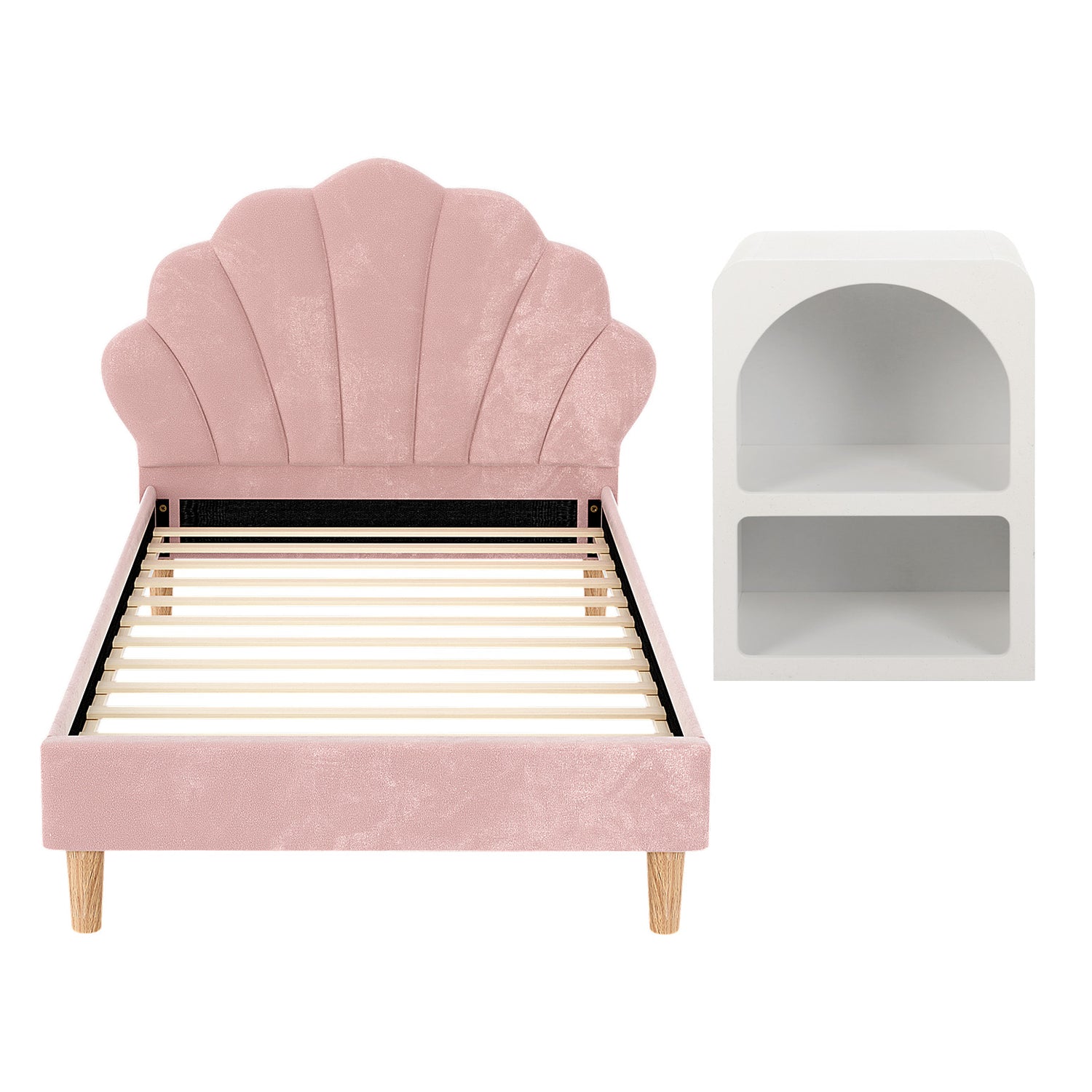 Artiss Bed Frame King Single with Bedside Table Set Scallop Headboard Pink Velvet Fabric Beds Base-Furniture > Bedroom > Beds &amp; Bed Frames-PEROZ Accessories