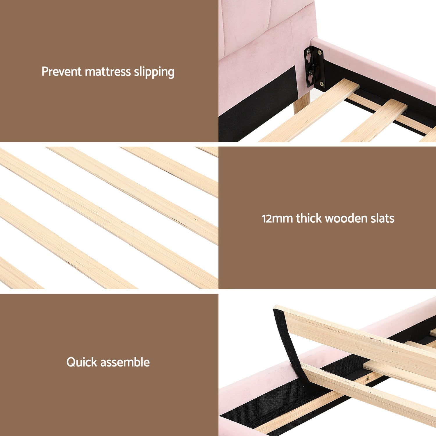 Artiss Bed Frame King Single with Bedside Table Set Scallop Headboard Pink Velvet Fabric Beds Base-Furniture > Bedroom > Beds &amp; Bed Frames-PEROZ Accessories