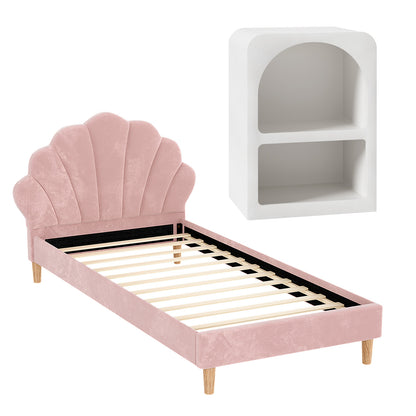 Artiss Bed Frame King Single with Bedside Table Set Scallop Headboard Pink Velvet Fabric Beds Base-Furniture > Bedroom > Beds &amp; Bed Frames-PEROZ Accessories