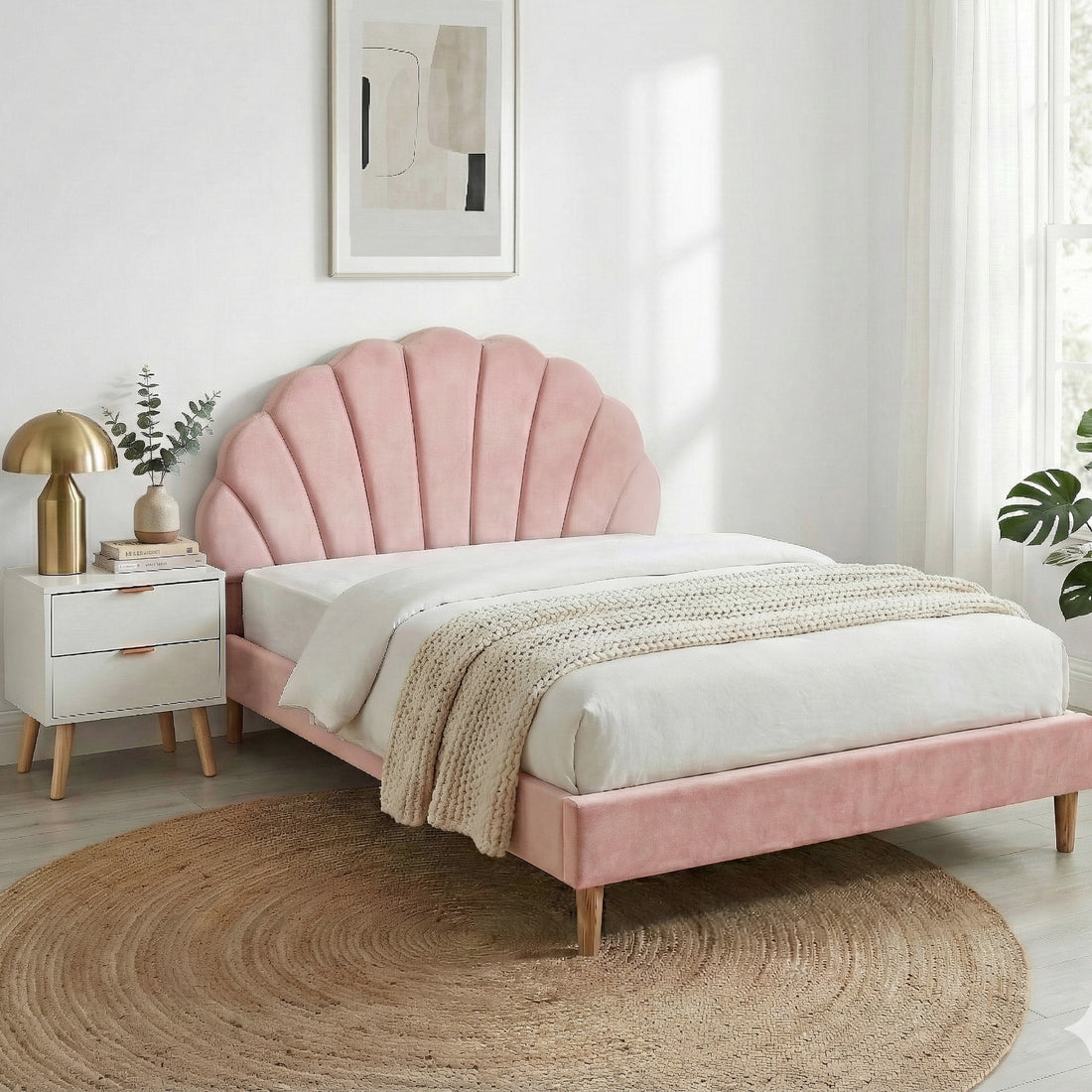 Artiss Double Bed Frame Scallop Headboard Pink Velvet with 2 Drawer Bedside Table-Furniture > Bedroom > Beds &amp; Bed Frames-PEROZ Accessories