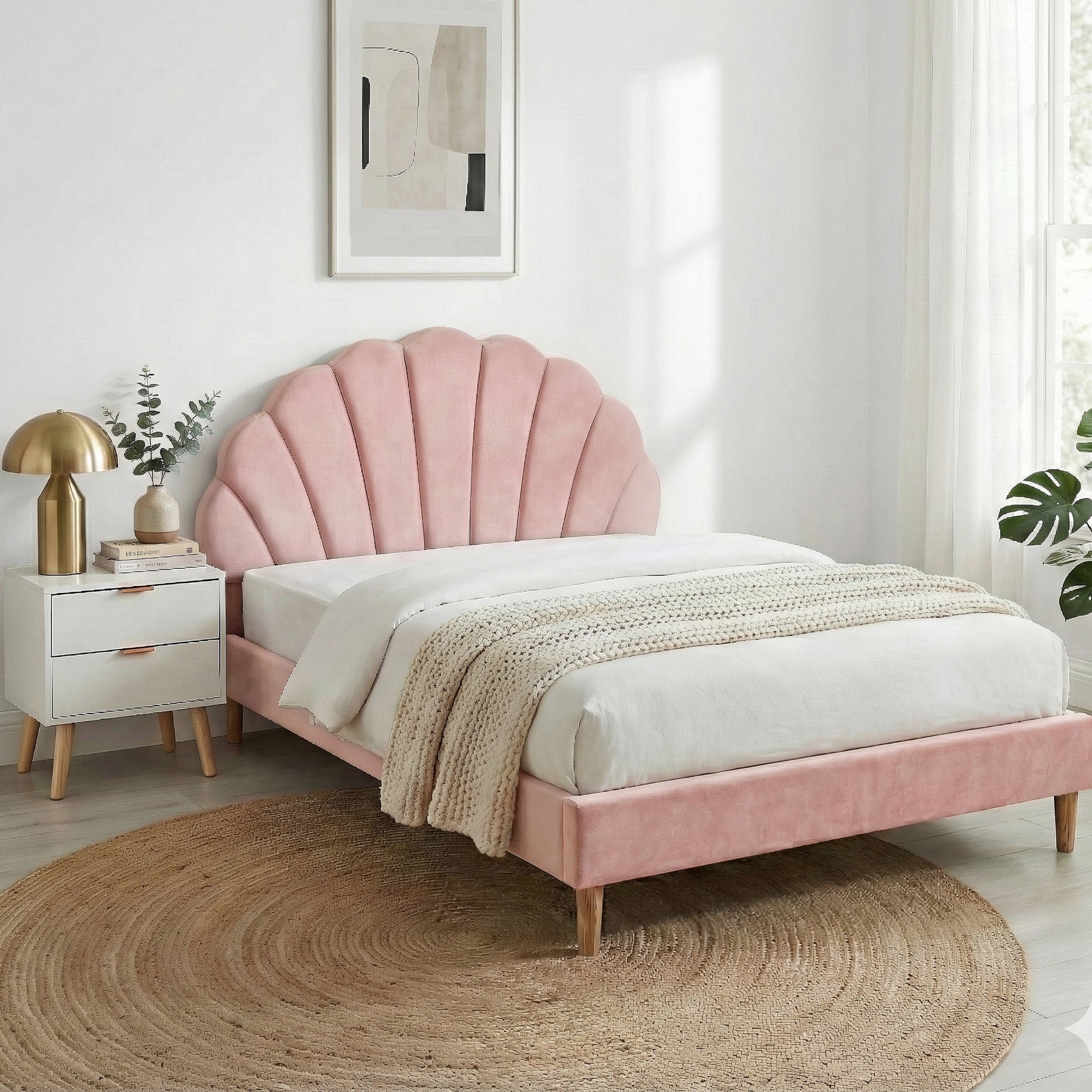 Artiss Double Bed Frame Scallop Headboard Pink Velvet with 2 Drawer Bedside Table-Furniture > Bedroom > Beds &amp; Bed Frames-PEROZ Accessories