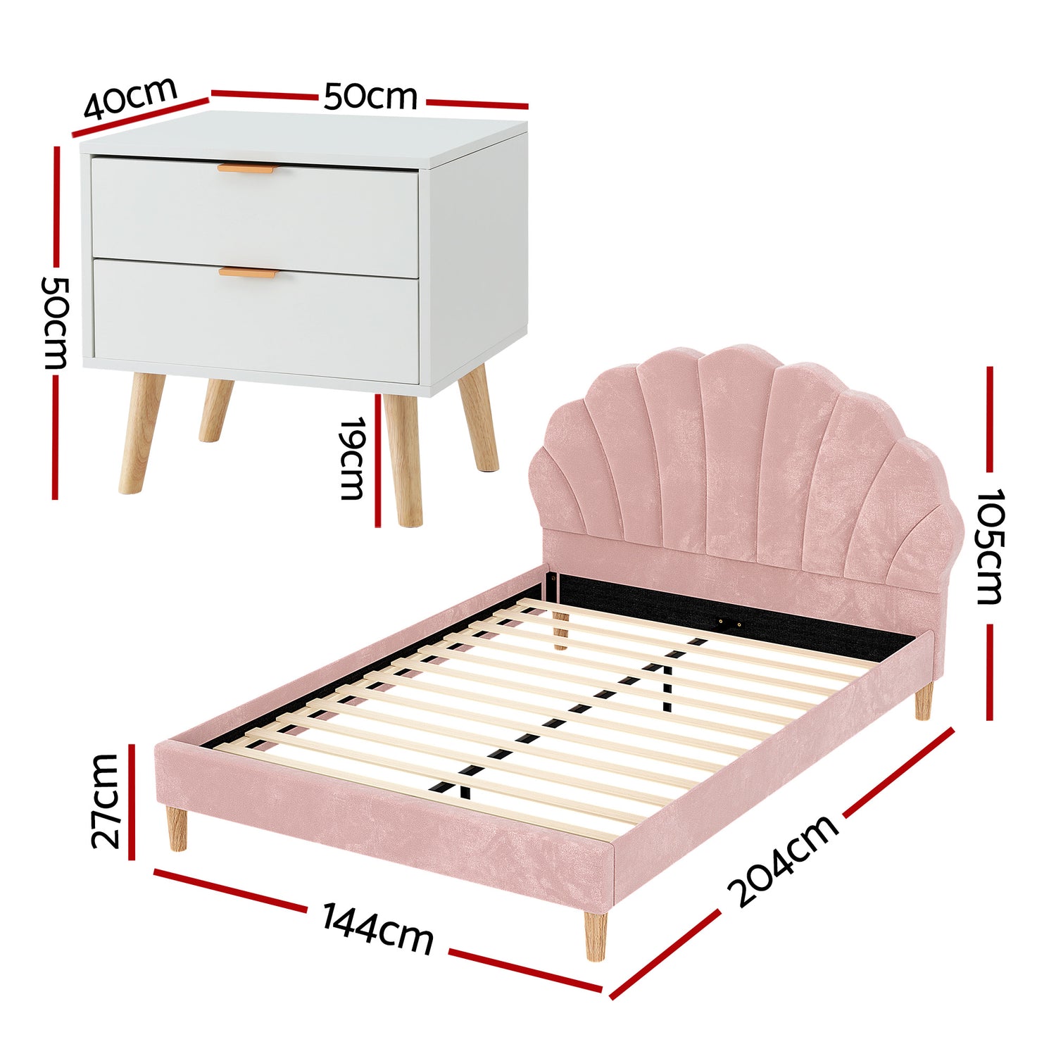 Artiss Double Bed Frame Scallop Headboard Pink Velvet with 2 Drawer Bedside Table-Furniture > Bedroom > Beds &amp; Bed Frames-PEROZ Accessories