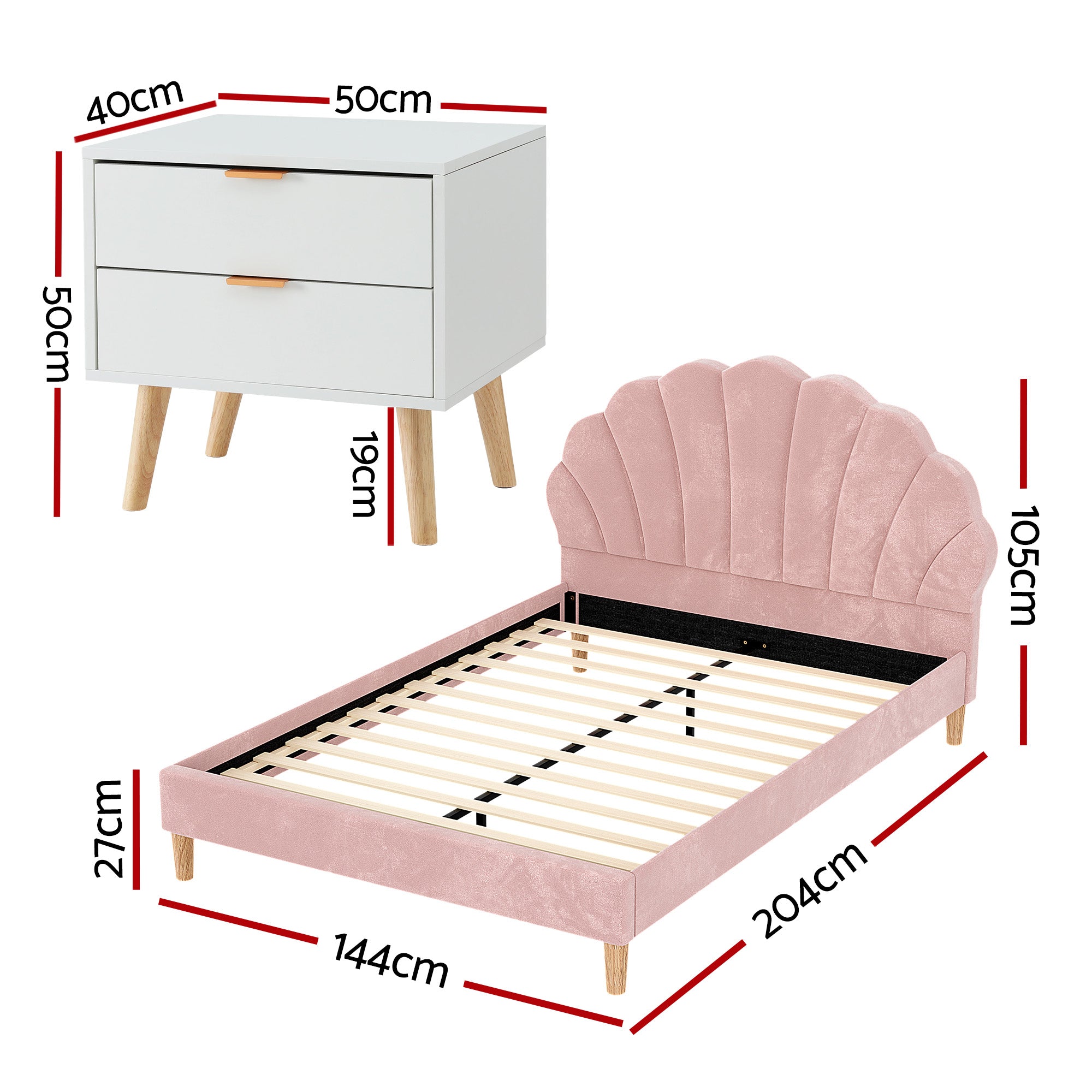 Artiss Double Bed Frame Scallop Headboard Pink Velvet with 2 Drawer Bedside Table-Furniture > Bedroom > Beds &amp; Bed Frames-PEROZ Accessories
