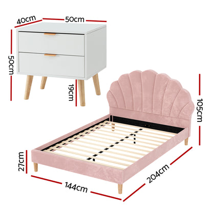 Artiss Double Bed Frame Scallop Headboard Pink Velvet with 2 Drawer Bedside Table-Furniture > Bedroom > Beds &amp; Bed Frames-PEROZ Accessories