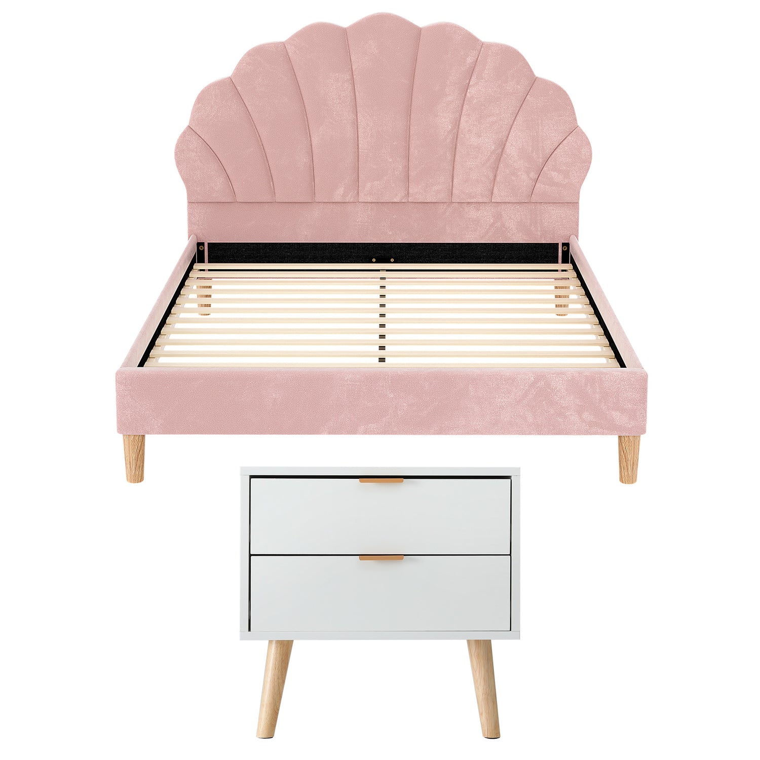 Artiss Double Bed Frame Scallop Headboard Pink Velvet with 2 Drawer Bedside Table-Furniture > Bedroom > Beds &amp; Bed Frames-PEROZ Accessories