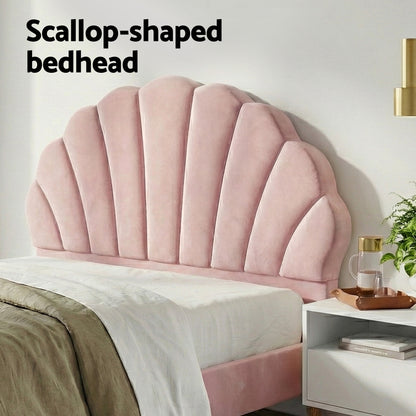 Artiss Double Bed Frame Scallop Headboard Pink Velvet with 2 Drawer Bedside Table-Furniture > Bedroom > Beds &amp; Bed Frames-PEROZ Accessories