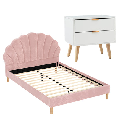 Artiss Double Bed Frame Scallop Headboard Pink Velvet with 2 Drawer Bedside Table-Furniture > Bedroom > Beds &amp; Bed Frames-PEROZ Accessories