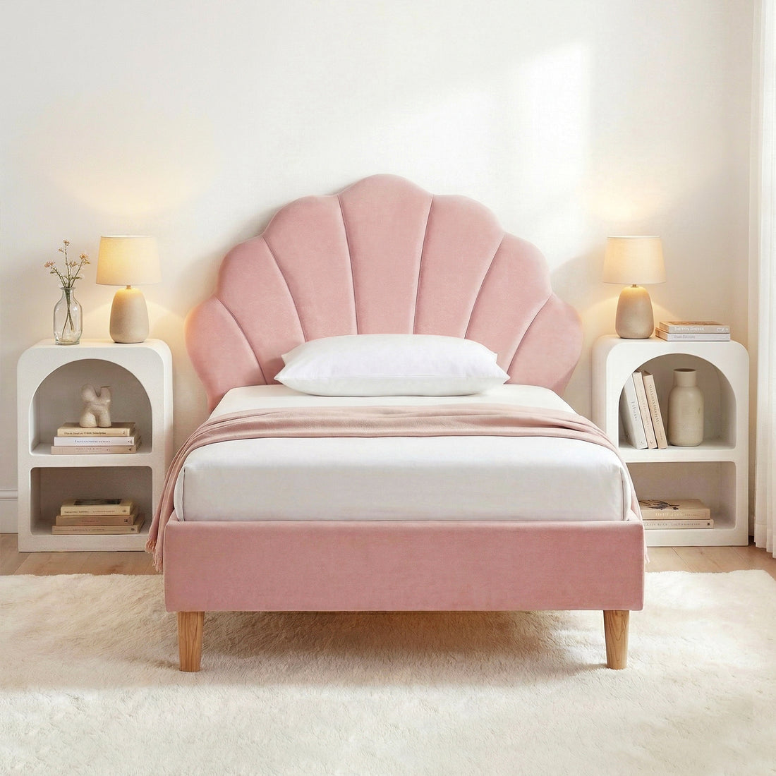 Artiss Bed Frame King Single with 2 Bedside Tables Set Scallop Headboard Pink Velvet Fabric Beds Base-Furniture > Bedroom > Beds &amp; Bed Frames-PEROZ Accessories