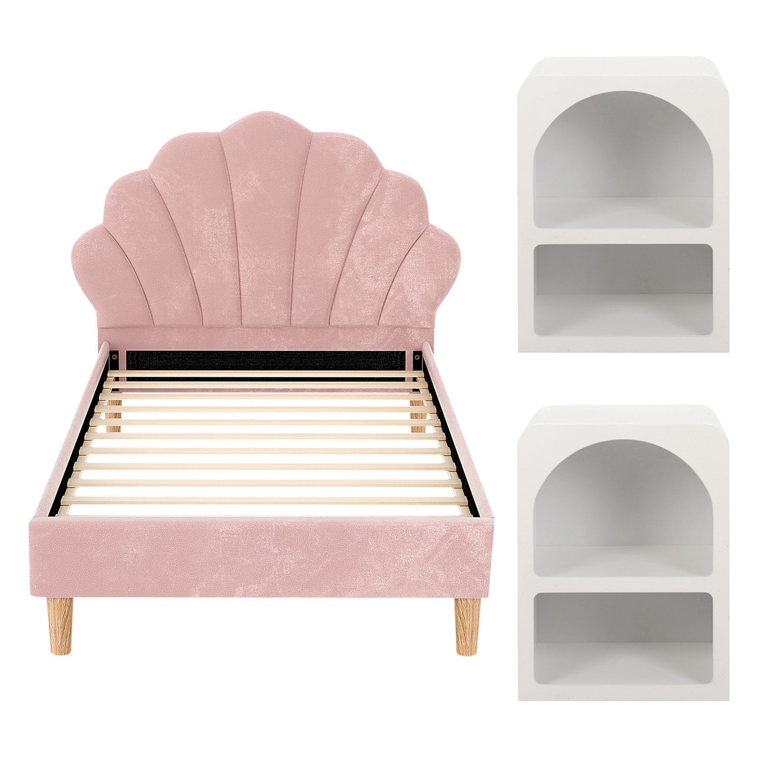 Artiss Bed Frame King Single with 2 Bedside Tables Set Scallop Headboard Pink Velvet Fabric Beds Base-Furniture > Bedroom > Beds &amp; Bed Frames-PEROZ Accessories