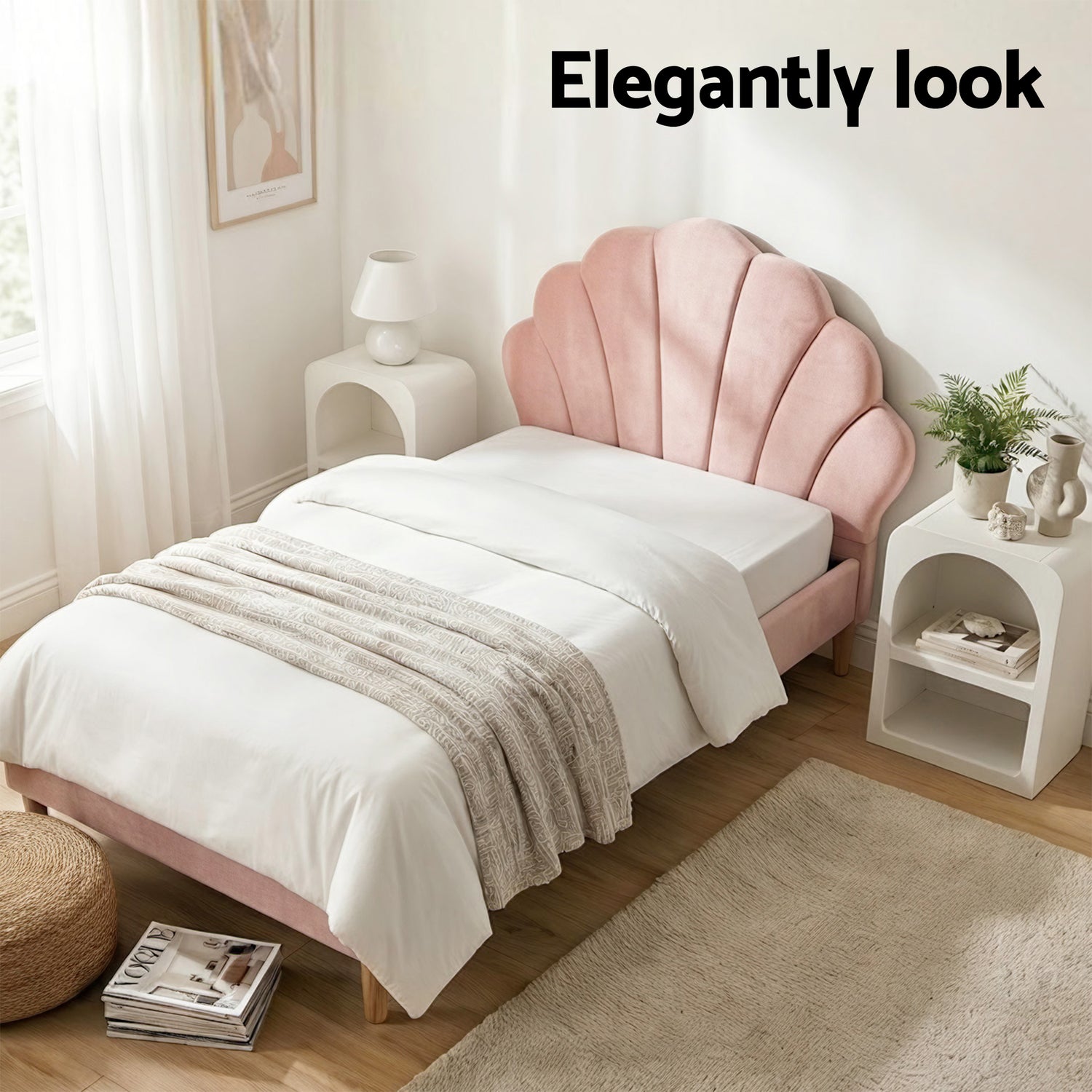 Artiss Bed Frame King Single with 2 Bedside Tables Set Scallop Headboard Pink Velvet Fabric Beds Base-Furniture > Bedroom > Beds &amp; Bed Frames-PEROZ Accessories