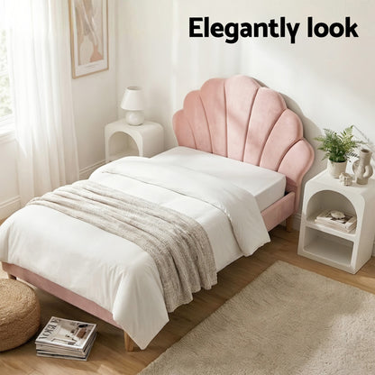 Artiss Bed Frame King Single with 2 Bedside Tables Set Scallop Headboard Pink Velvet Fabric Beds Base-Furniture > Bedroom > Beds &amp; Bed Frames-PEROZ Accessories