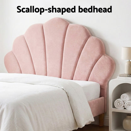 Artiss Bed Frame King Single with 2 Bedside Tables Set Scallop Headboard Pink Velvet Fabric Beds Base-Furniture > Bedroom > Beds &amp; Bed Frames-PEROZ Accessories