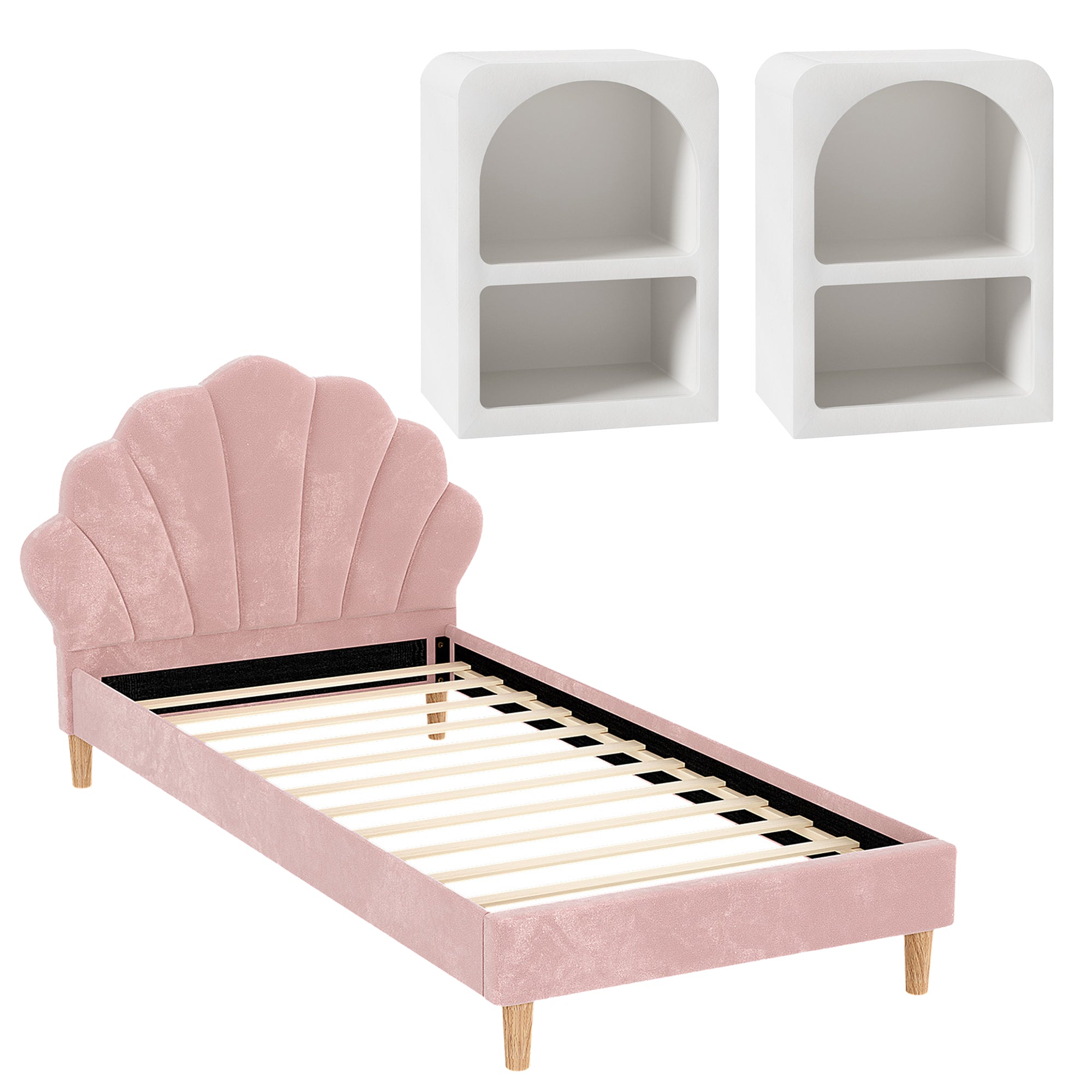 Artiss Bed Frame King Single with 2 Bedside Tables Set Scallop Headboard Pink Velvet Fabric Beds Base-Furniture > Bedroom > Beds &amp; Bed Frames-PEROZ Accessories