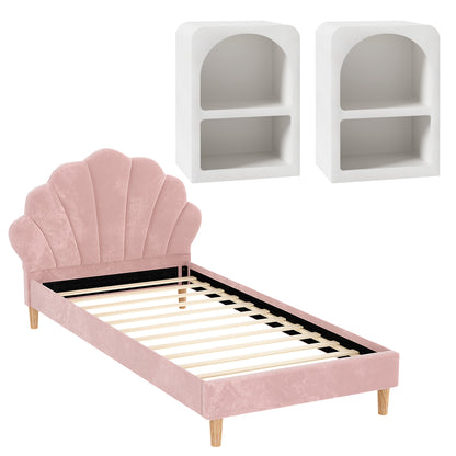 Artiss Bed Frame King Single with 2 Bedside Tables Set Scallop Headboard Pink Velvet Fabric Beds Base-Furniture > Bedroom > Beds &amp; Bed Frames-PEROZ Accessories