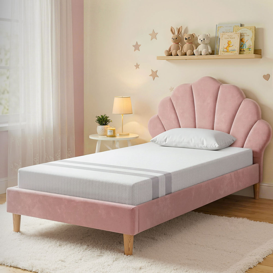 Artiss King Single Bed Frame BedStory Mattress Set Pink Velvet Scallop Bedhead with 20cm Mattress-Furniture > Bedroom > Beds &amp; Bed Frames-PEROZ Accessories