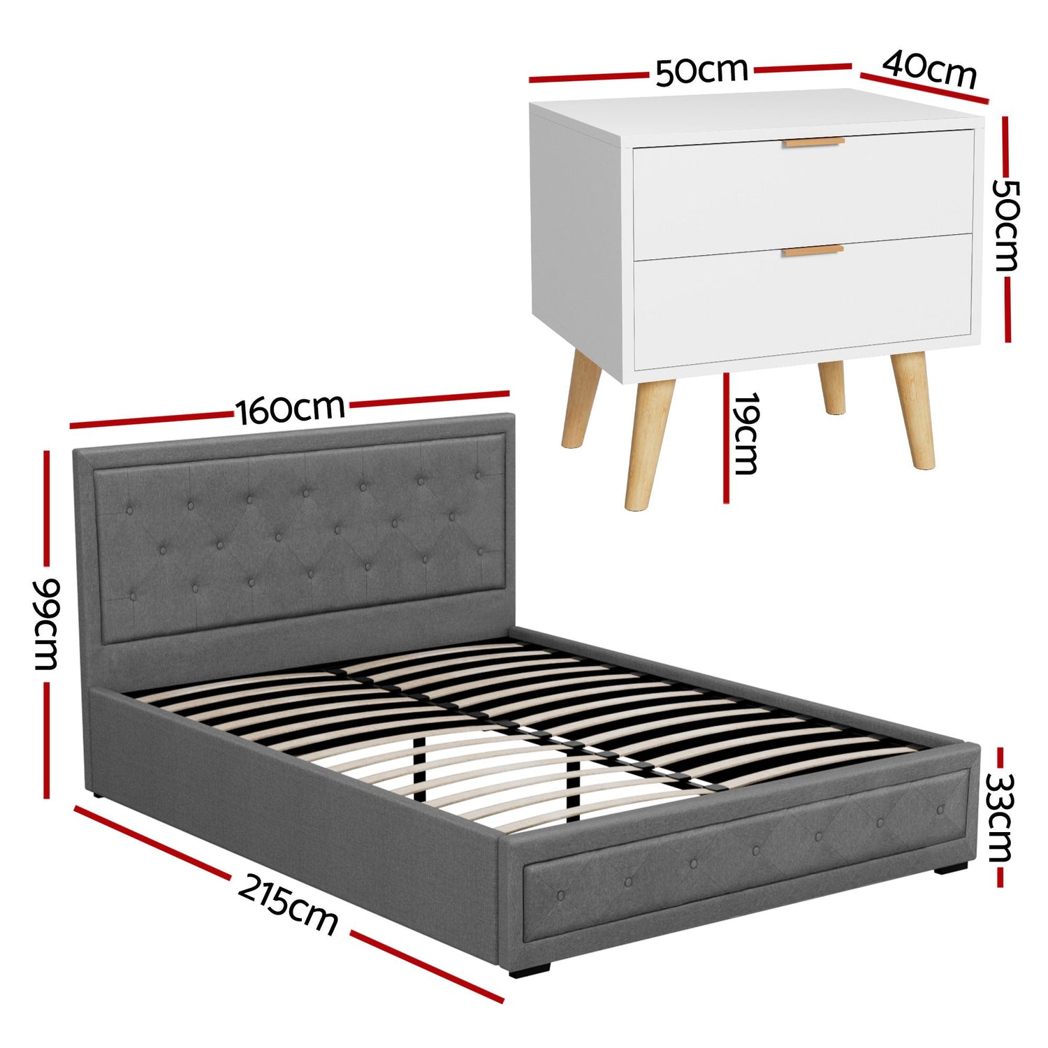 Artiss Upholstered Queen Gas Lift Storage Bed Frame with 2-Drawer Bedside Table Set-Furniture > Bedroom > Beds &amp; Bed Frames-PEROZ Accessories