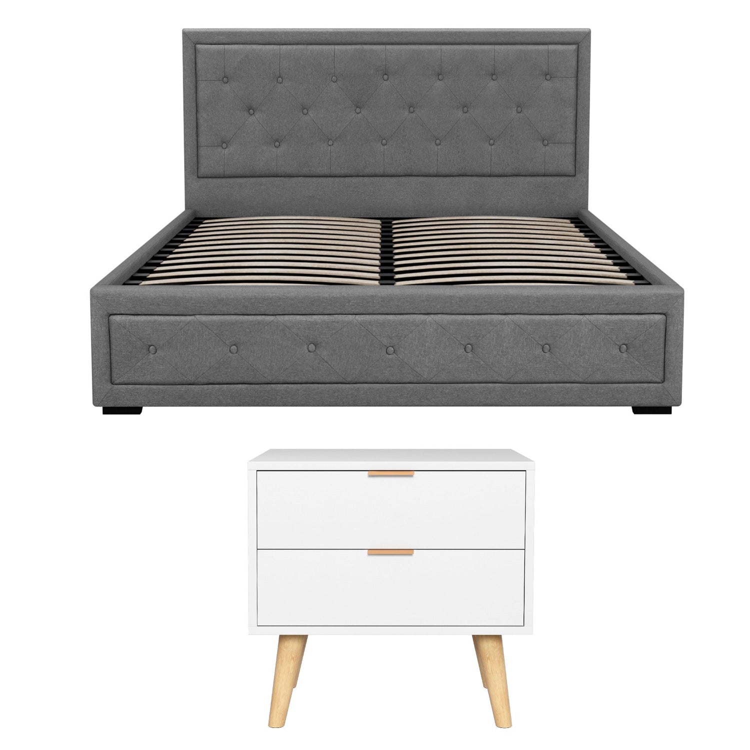 Artiss Upholstered Queen Gas Lift Storage Bed Frame with 2-Drawer Bedside Table Set-Furniture > Bedroom > Beds &amp; Bed Frames-PEROZ Accessories
