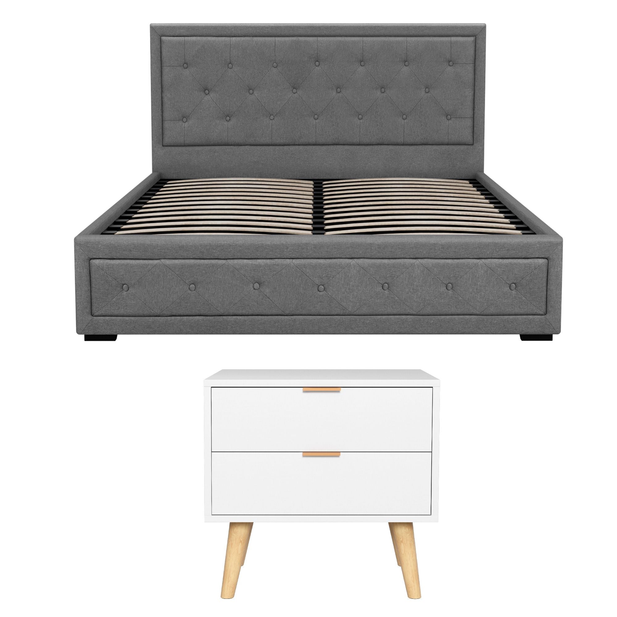 Artiss Upholstered Queen Gas Lift Storage Bed Frame with 2-Drawer Bedside Table Set-Furniture > Bedroom > Beds &amp; Bed Frames-PEROZ Accessories