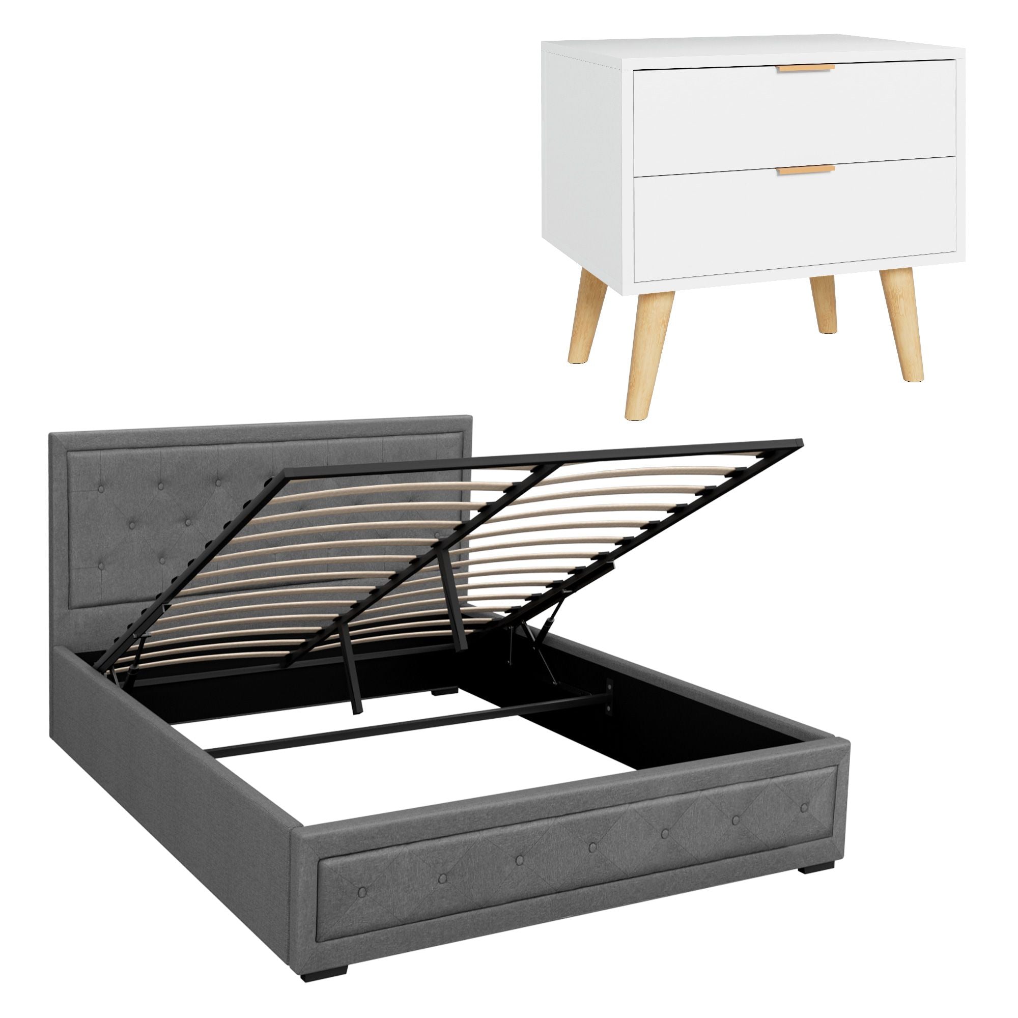 Artiss Upholstered Queen Gas Lift Storage Bed Frame with 2-Drawer Bedside Table Set-Furniture > Bedroom > Beds &amp; Bed Frames-PEROZ Accessories
