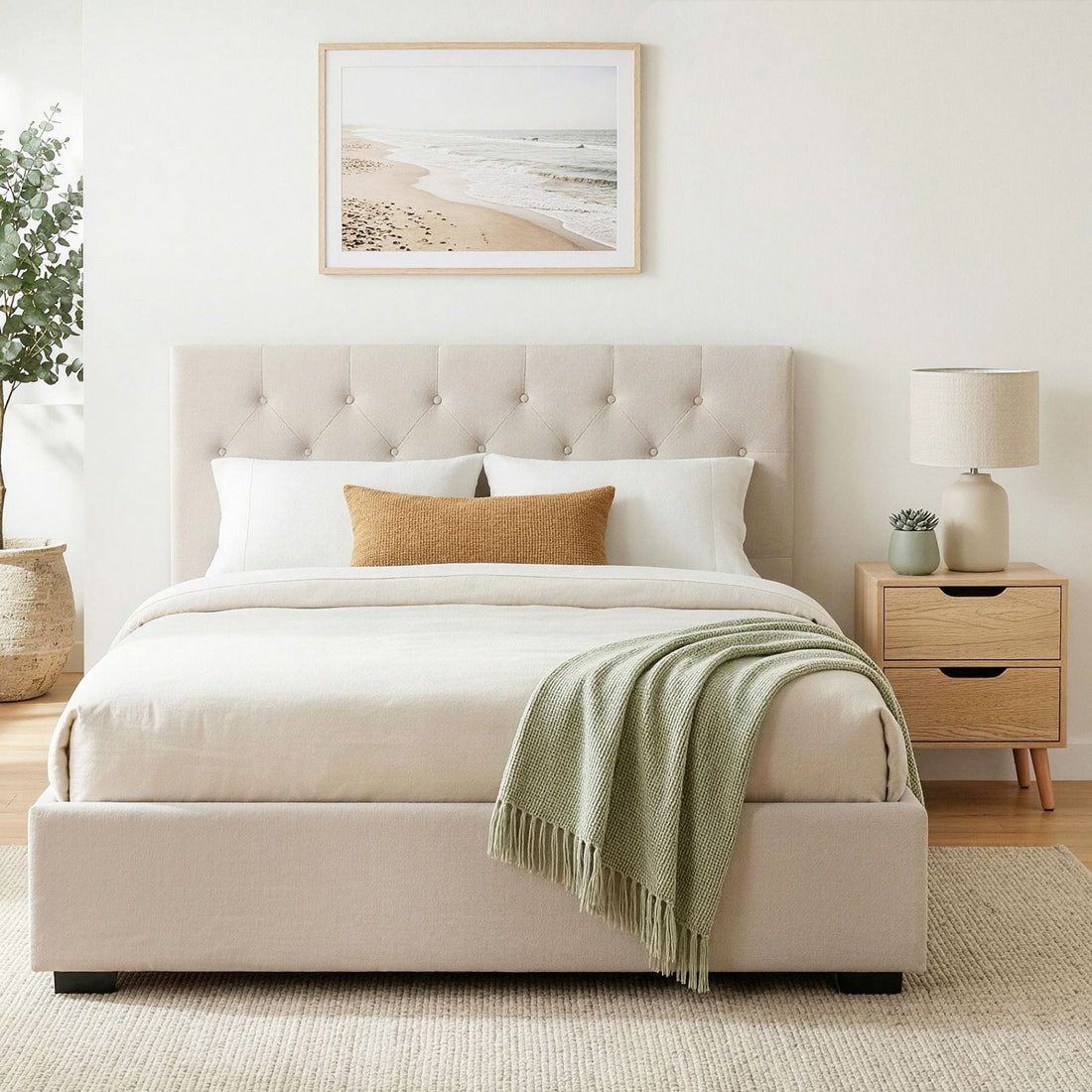 Artiss Double Bed Frame with Storage and Bedside Table Set Tufted Linen Gas Lift Bed Base and 2-Drawer Nightstand-Furniture > Bedroom > Beds &amp; Bed Frames-PEROZ Accessories