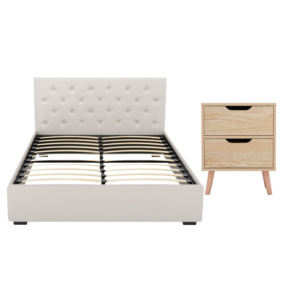 Artiss Double Bed Frame with Storage and Bedside Table Set Tufted Linen Gas Lift Bed Base and 2-Drawer Nightstand-Furniture > Bedroom > Beds &amp; Bed Frames-PEROZ Accessories