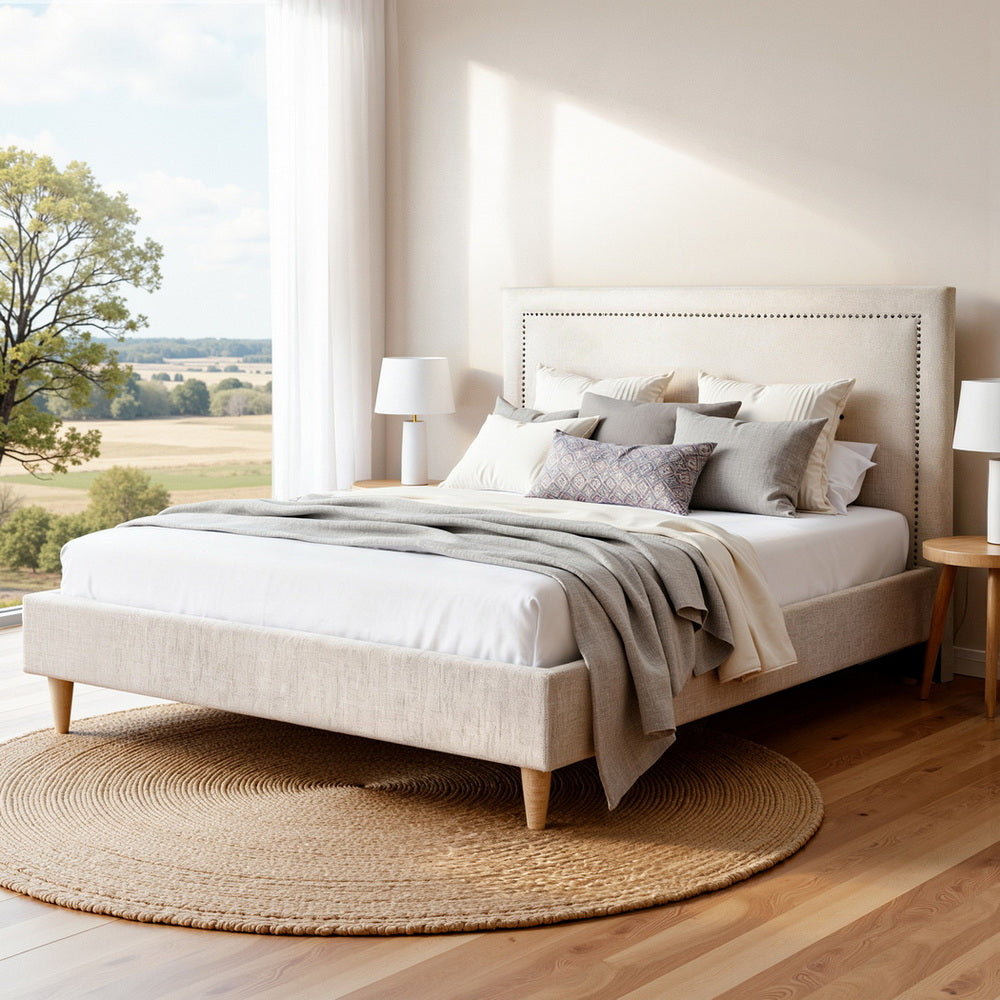 Artiss Queen Bed Frame Platform Bed Base Upholstered Headboard Linen Fabric Beige-Furniture > Bedroom > Beds &amp; Bed Frames-PEROZ Accessories
