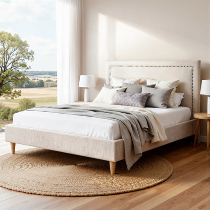 Artiss Queen Bed Frame Platform Bed Base Upholstered Headboard Linen Fabric Beige-Furniture > Bedroom > Beds &amp; Bed Frames-PEROZ Accessories
