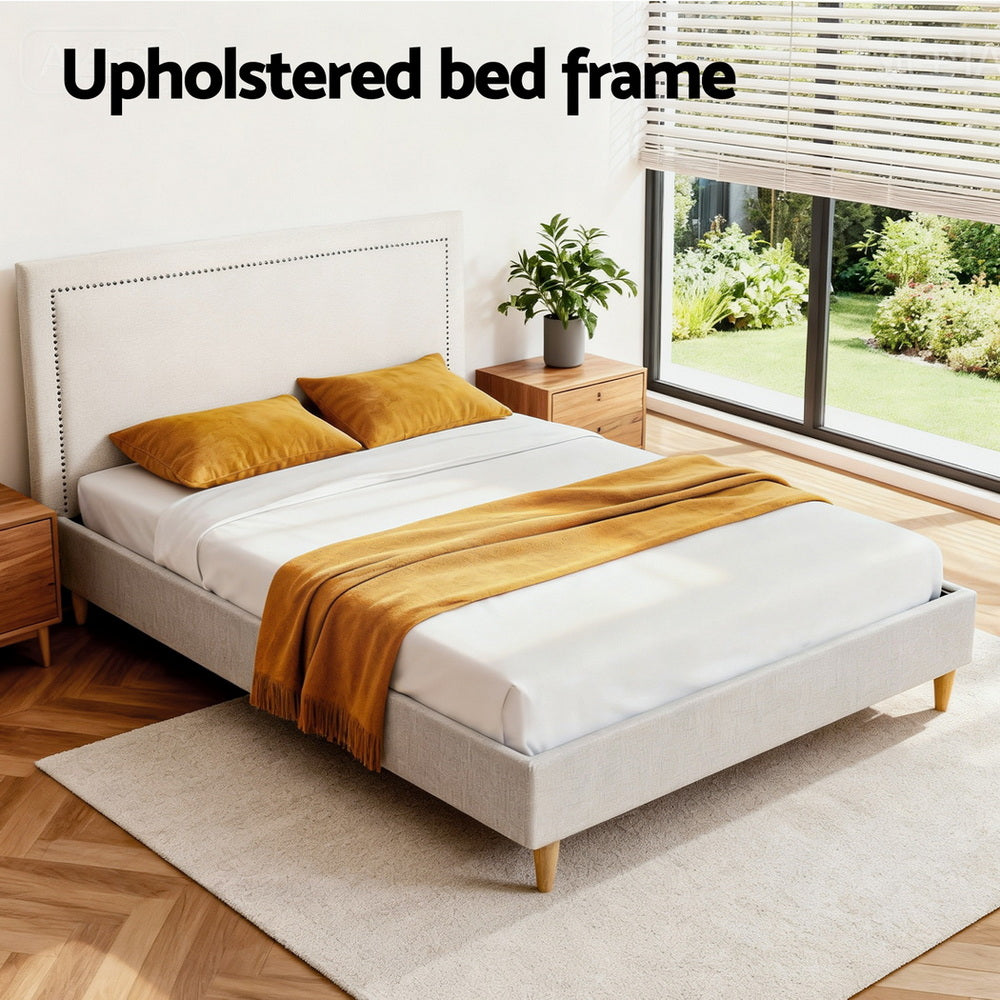 Artiss Queen Bed Frame Platform Bed Base Upholstered Headboard Linen Fabric Beige-Furniture > Bedroom > Beds &amp; Bed Frames-PEROZ Accessories