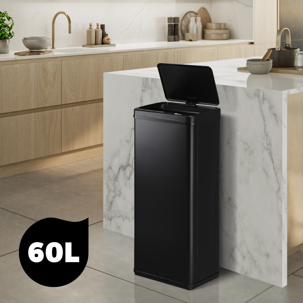 Oikiture 60L Motion Sensor Bin Stainless Steel Black-Sensor Bin-PEROZ Accessories