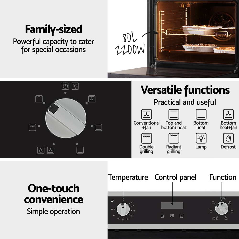Devanti Electric Built In Wall Oven 80L Convection Grill Ovens Stainless Steel-Appliances > Kitchen Appliances-PEROZ Accessories
