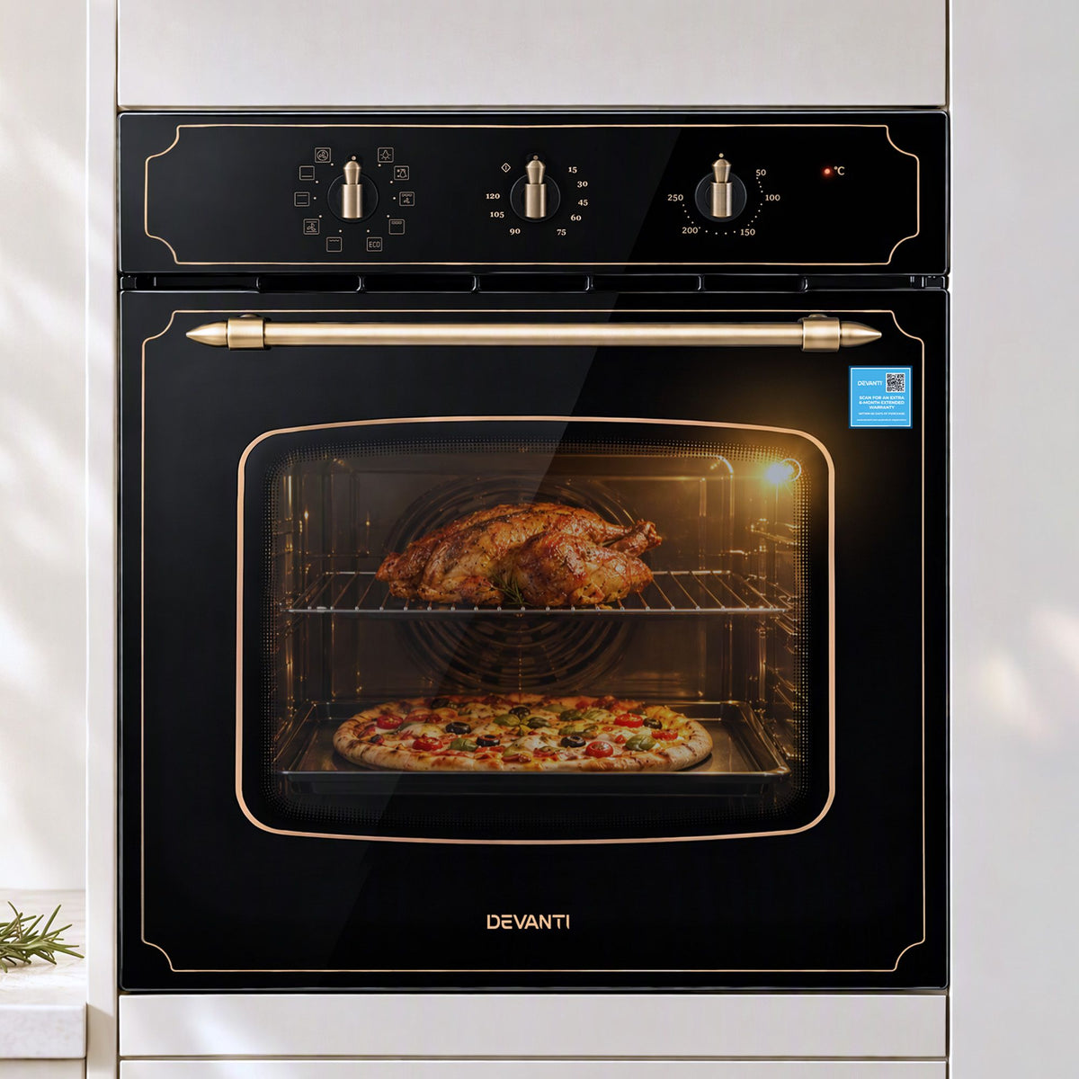 Devanti 60cm Built-In Electric Oven 80L Gross 9 Functions Black-Appliances > Kitchen Appliances > Ovens-PEROZ Accessories