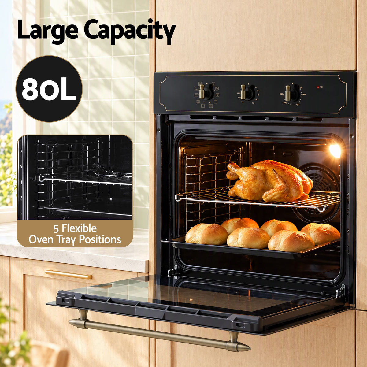 Devanti 60cm Built-In Electric Oven 80L Gross 9 Functions Black-Appliances > Kitchen Appliances > Ovens-PEROZ Accessories
