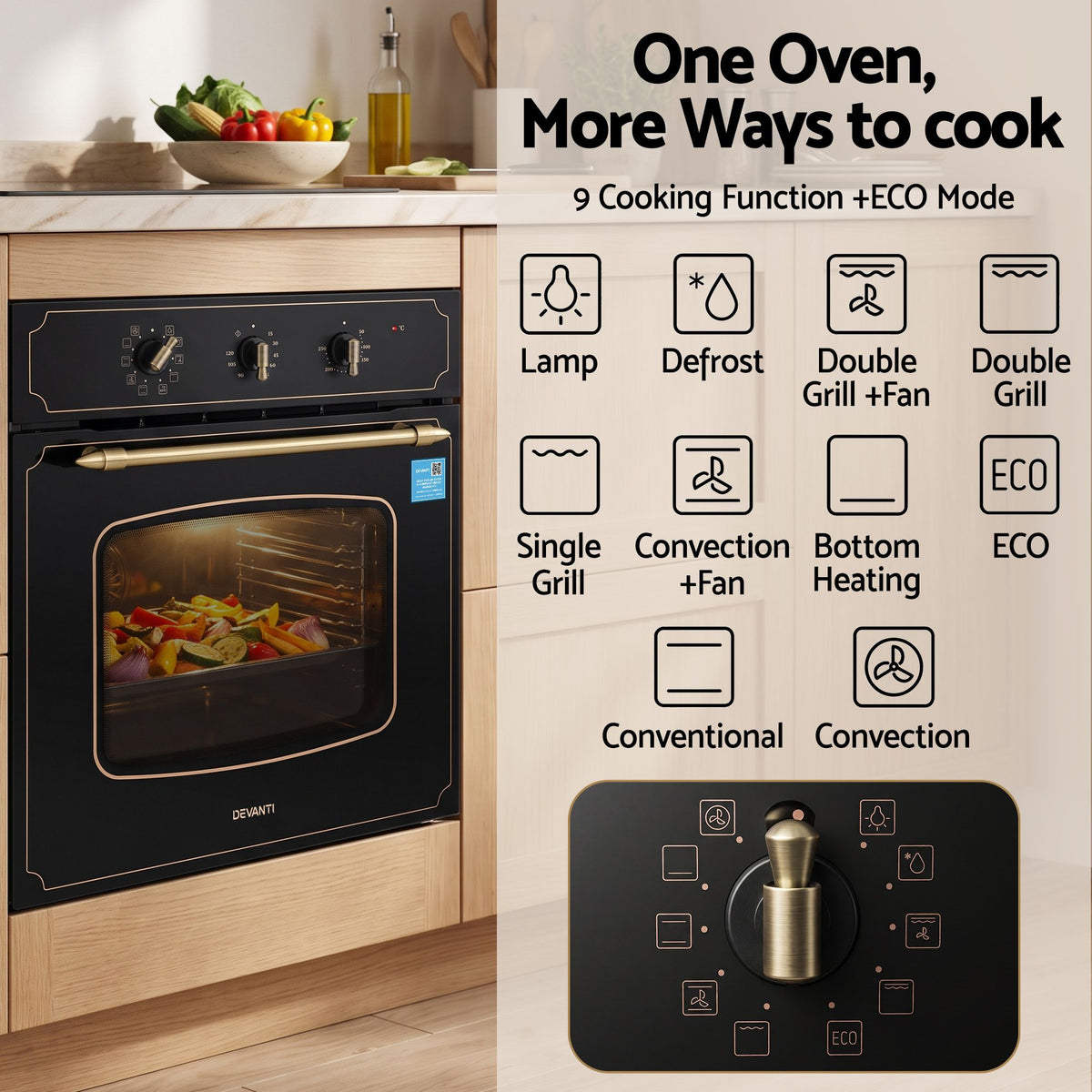 Devanti 60cm Built-In Electric Oven 80L Gross 9 Functions Black-Appliances > Kitchen Appliances > Ovens-PEROZ Accessories