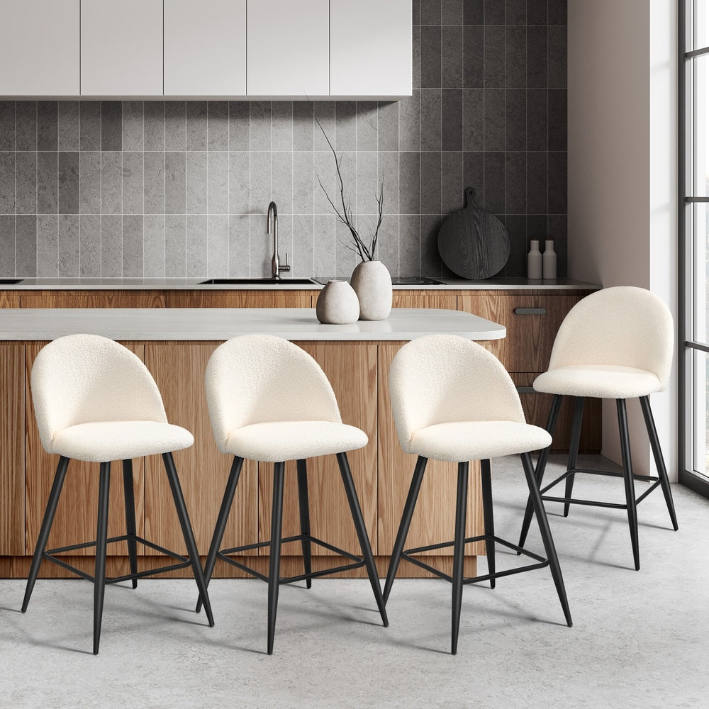 Oikiture 4x Bar Stools Kitchen Counter Stool White Boucle Padded-Bar Stool-PEROZ Accessories