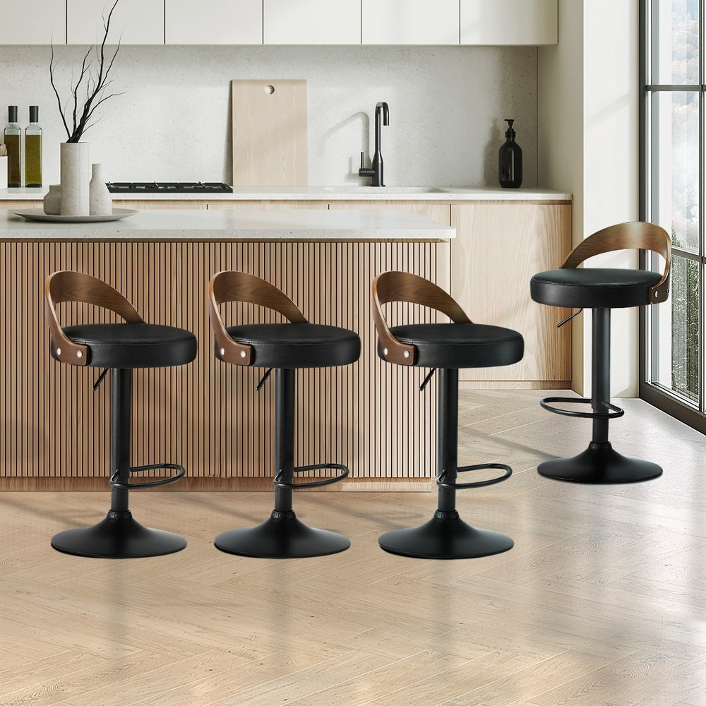 Oikiture 4x Bar Stools with Gas Lift Swivel Wooden PU Leather-Bar Stools-PEROZ Accessories