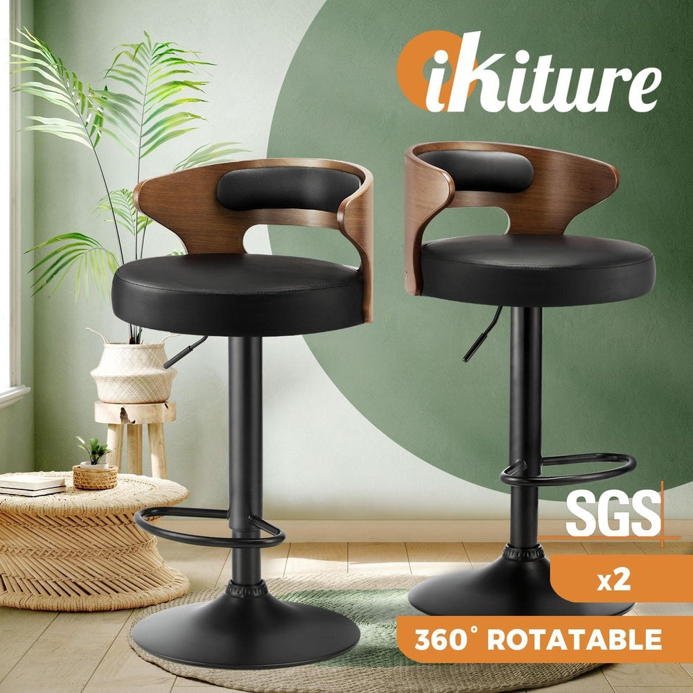 Oikiture 2x Bar Stools Kitchen Gas Lift Swivel Chairs Stool Wooden Barstool Black-Bar Stools-PEROZ Accessories