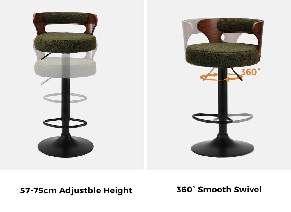 Oikiture 2x Bar Stools Gas Lift Swivel Chairs Wooden Boucle Green-Bar Stool-PEROZ Accessories