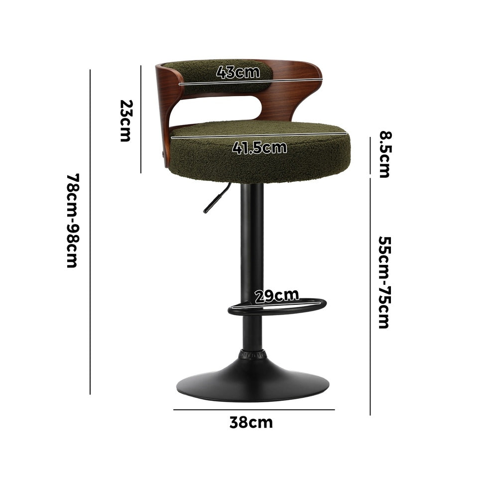 Oikiture 4x Bar Stools Gas Lift Swivel Chairs Wooden Boucle Green-Bar Stool-PEROZ Accessories