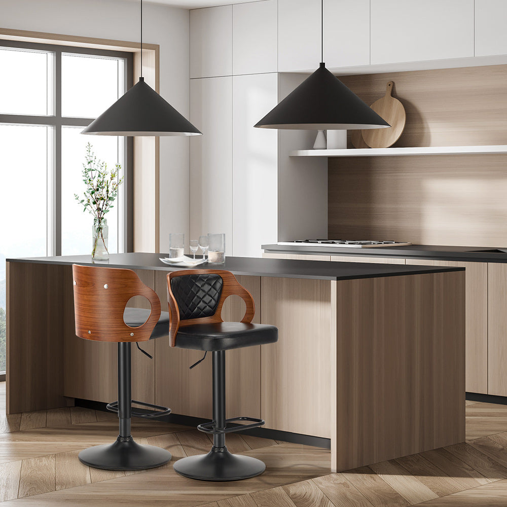 Oikiture 2x Bar Stools Swivel Kitchen Bar Stools Leather Black-Bar Stool-PEROZ Accessories