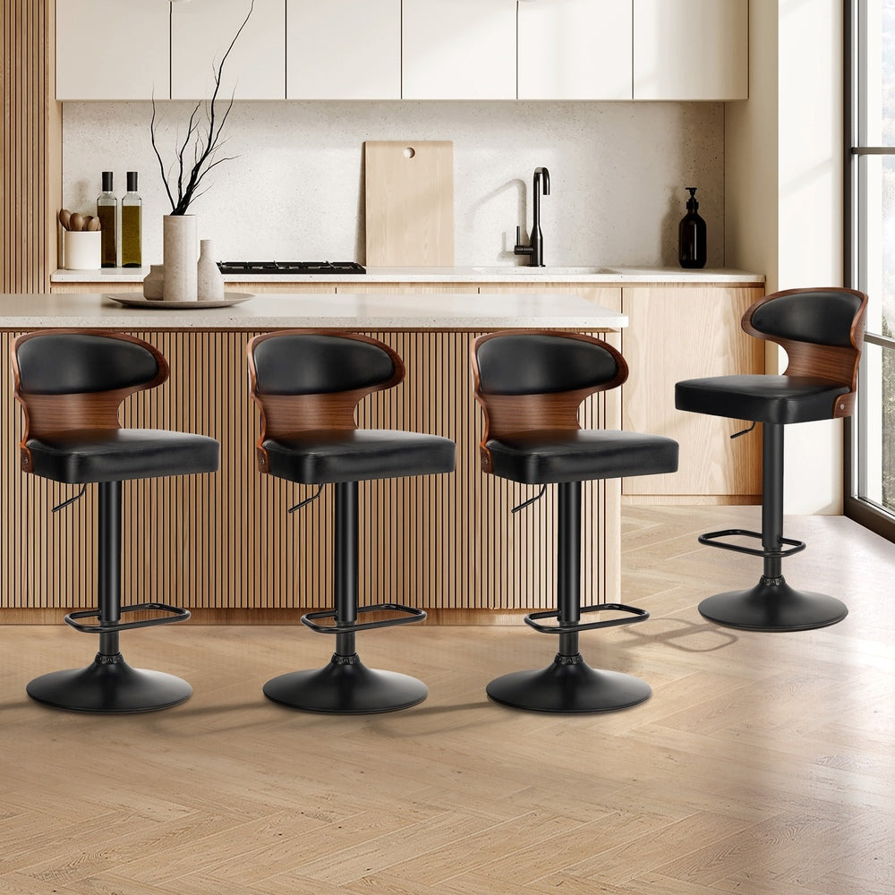 Oikiture 4x Bar Stools Adjustable Height Stool Swivel Leather Black-Bar Stool-PEROZ Accessories