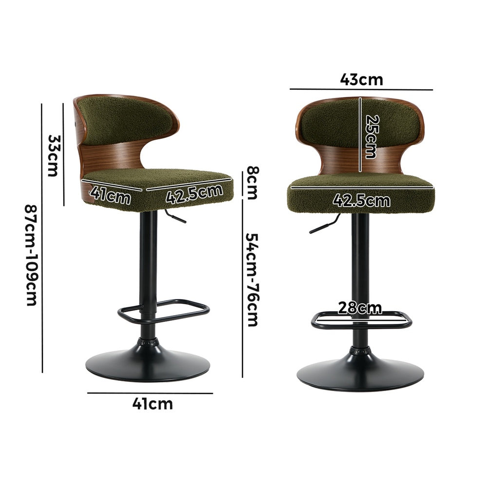 Oikiture 2x Bar Stools Swivel Kitchen Bar Chairs Gas Lift Boucle Green-Bar Stool-PEROZ Accessories
