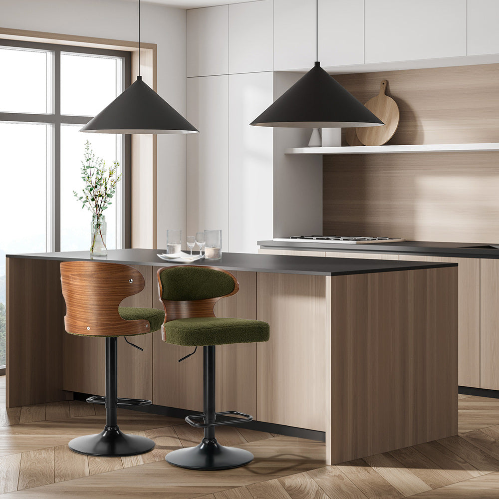 Oikiture 2x Bar Stools Swivel Kitchen Bar Chairs Gas Lift Boucle Green-Bar Stool-PEROZ Accessories