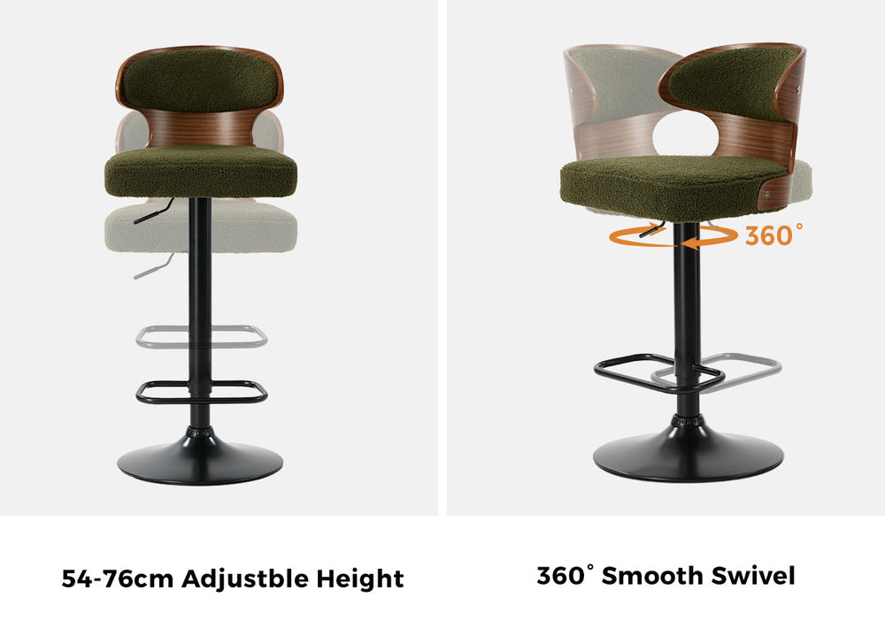 Oikiture 2x Bar Stools Swivel Kitchen Bar Chairs Gas Lift Boucle Green-Bar Stool-PEROZ Accessories